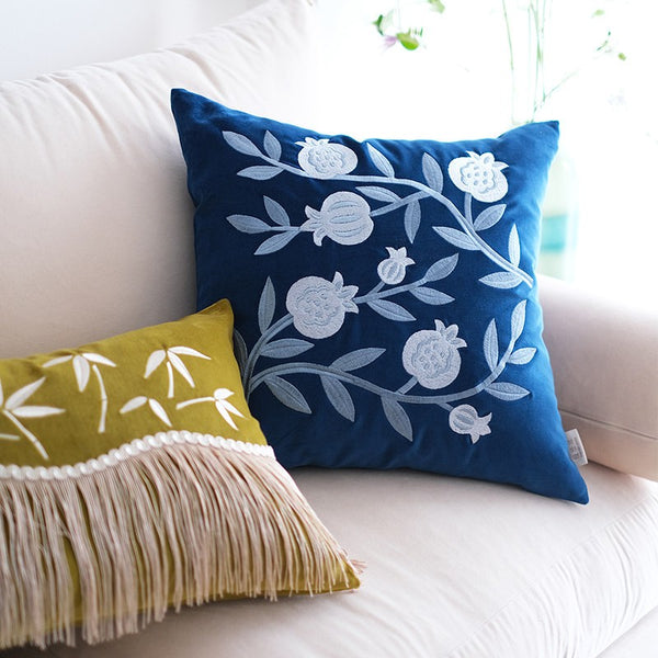 Large Decorative Pillows for Couch, Living Room Decorative Pillows, Blue Embroidered Pomegranate Cushion, Modern Throw Pillows for Bedroom, Decorative Pillow Arrangement Ideas for Couch-Paintingforhome
