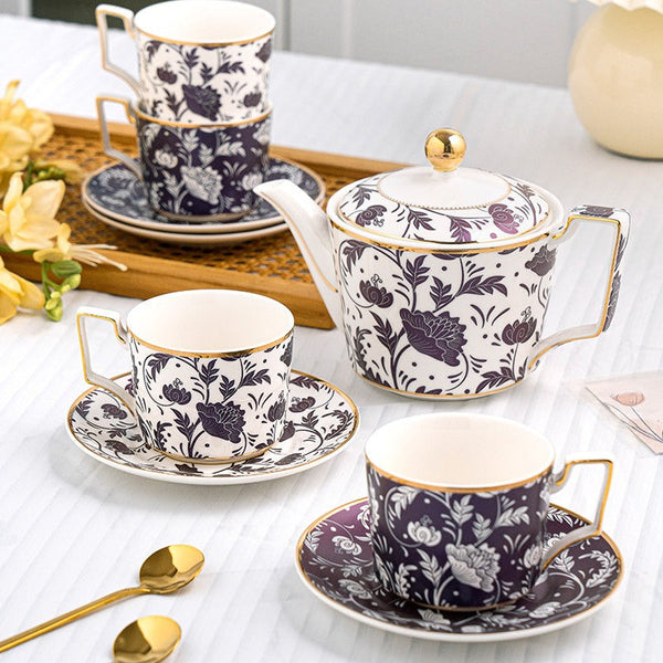 British Traditional Afternoon Tea Cup Set of 4 cups, 8 oz Ceramic Coffee Cup with Saucer in Gift Box, Porcelain Tea Cup and Saucer Set with Teapot-Paintingforhome