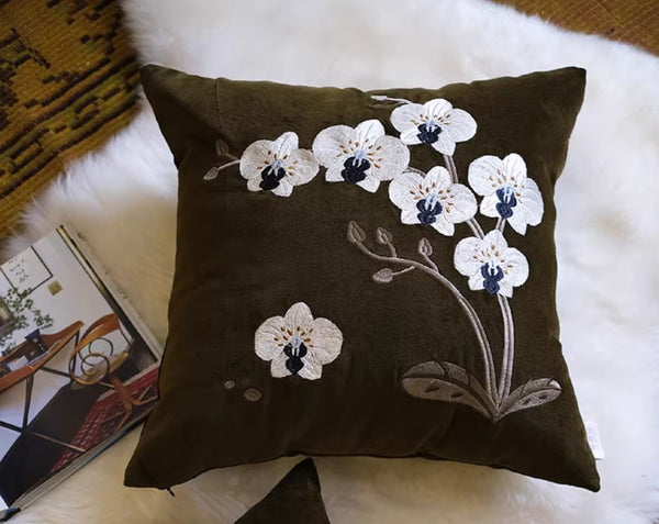 Large Decorative Pillows for Couch, Dark Olive Green Embroidered Moth Orchid Cushion, Decorative Pillow Arrangement Ideas for Couch, Living Room Decorative Pillows, Modern Throw Pillows for Bedroom-Paintingforhome