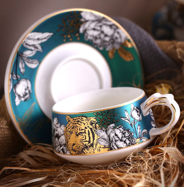 Unique Ceramic Cups with Gold Trim and Gift Box, Creative Ceramic Tea Cup and Saucer, Jungle Tiger Cheetah Porcelain Coffee Cups-Paintingforhome