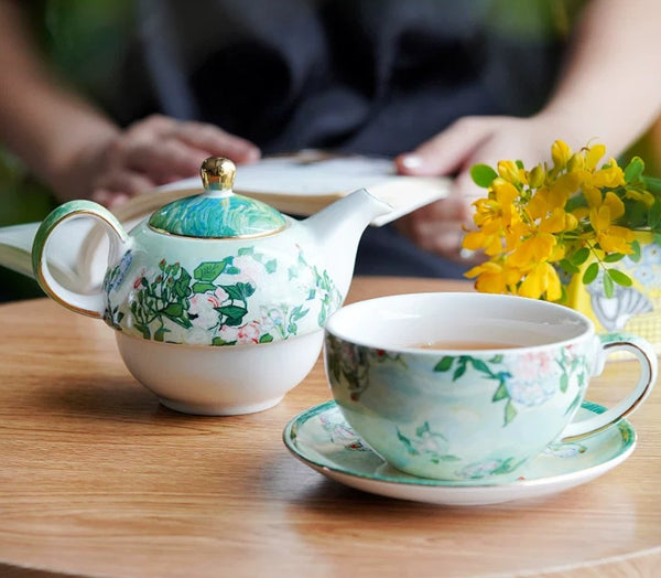 Vintage Style Stackable Tea Pot Set, English Style Tea Pot and Cup Set, Ceramic Tea Pot with Integrated Cup, Mother-and-Baby Teapot with Matching Saucer-Paintingforhome
