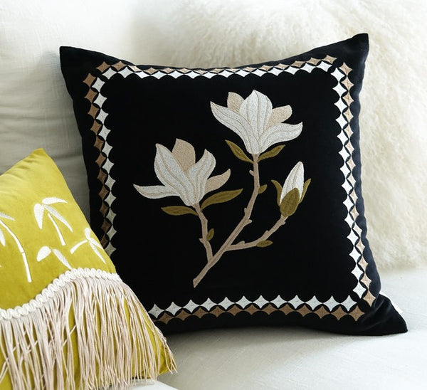 Decorative Pillow Arrangement Ideas for Couch, Magnolia Embroidered Cushion, Large Decorative Pillows for Couch, Modern Throw Pillows for Bedroom, Living Room Decorative Pillows-Paintingforhome