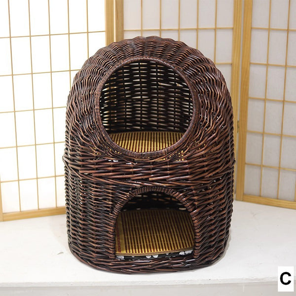 Large Double-Layer Cat Bed, Wicker Cat House Basket with Washable Cushion for Indoor Cats and Dogs-Paintingforhome