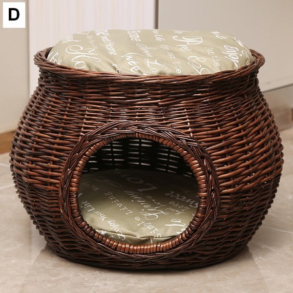 Wicker Cat House Basket with Washable Cushion for Indoor Cats and Dogs, Rattan Cat Bed-Paintingforhome