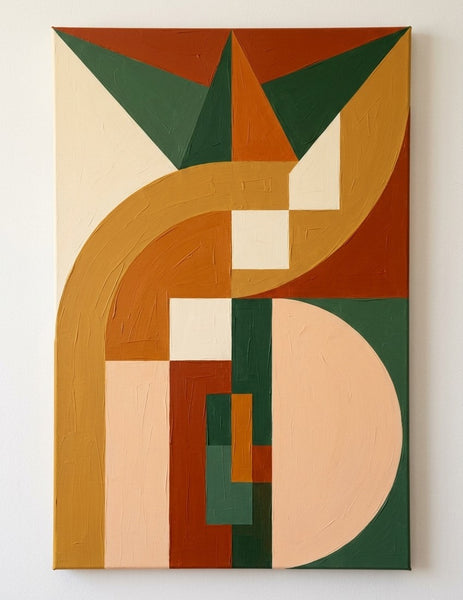 Extra Large Modern Canvas Art, Yellow, Dark Green, Brown- Red, Warm Earth Tones Geometric Pattern Abstract Artwork, Abstract Wall Art Paintings
