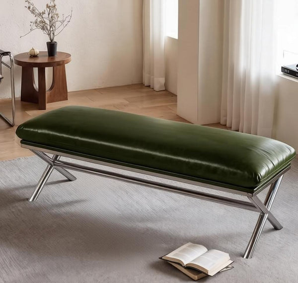Luxury Genuine Leather Entry Bench, Upholstered Shoe Bench, Contemporay Bedroom Bench, Narrow Entryway Bench, Modern Shoe Changing Ottoman, Mid-Century Hall Bench-Paintingforhome