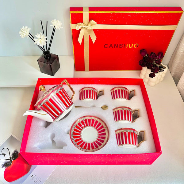 Modern Ceramic Coffee Cups, 7.4 oz Red Tea Cup and Saucer Set of 4 cups with Teapot in Gift Box, Porcelain Tea Cup and Saucer Set-Paintingforhome
