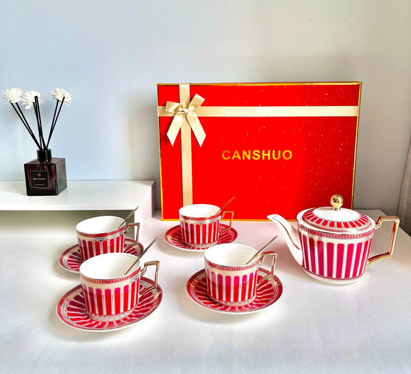 Modern Ceramic Coffee Cups, 7.4 oz Red Tea Cup and Saucer Set of 4 cups with Teapot in Gift Box, Porcelain Tea Cup and Saucer Set-Paintingforhome