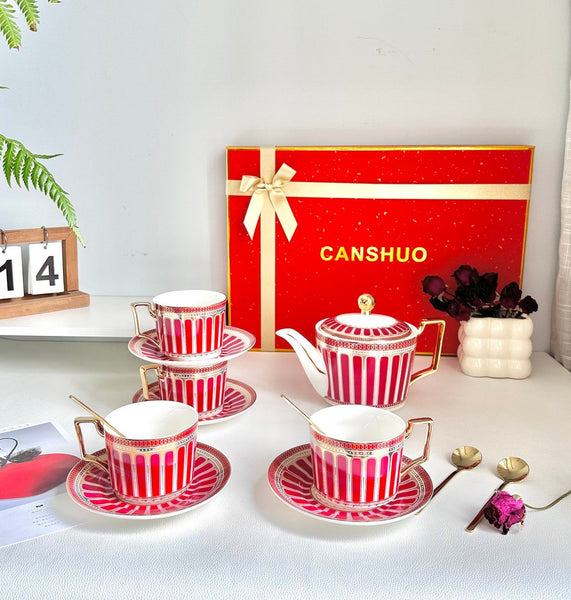 Modern Ceramic Coffee Cups, 7.4 oz Red Tea Cup and Saucer Set of 4 cups with Teapot in Gift Box, Porcelain Tea Cup and Saucer Set-Paintingforhome
