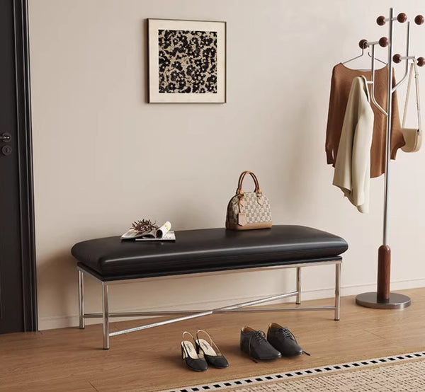 Modern Shoe Changing Ottoman, Upholstered Shoe Bench, Contemporay Bedroom Bench, Narrow Entryway Bench, Mid-Century Hall Bench, Luxury Genuine Leather Entry Bench-Paintingforhome