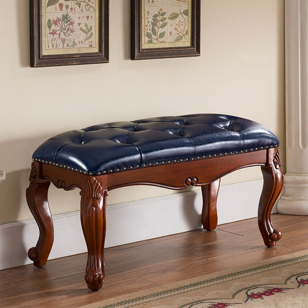 Vintage Blue Leather Stool, Genuine Leather Solid Wood Entry Bench, Rubber Wood Footstool, Farmhouse Entryway Bench, Leather Lounge Chair Modern, Dressing Table Stool-Paintingforhome