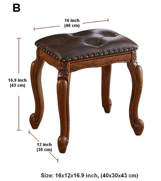 Rubberwood Entry Bench, Vanity Stool, Genuine Leather Solid Wood Entry Bench, Vintage Entry Stool, Solid Wood Ottoman-Paintingforhome