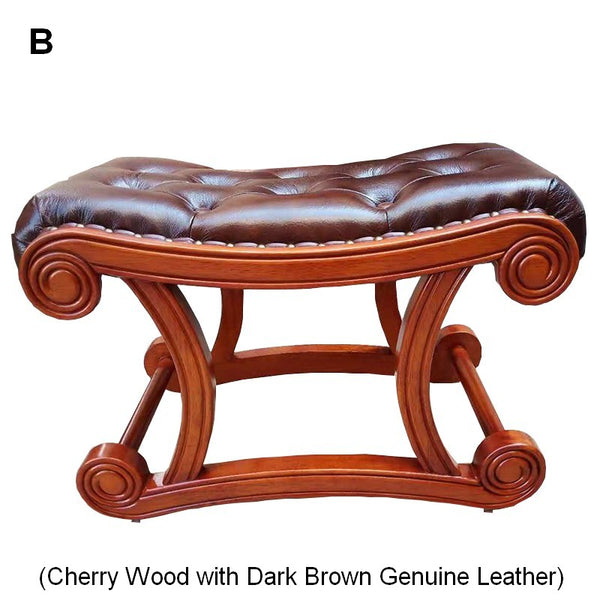 Cherry Wood Footstool, Vintage Leather Stool, Genuine Leather Solid Wood Entry Bench, Long Bench, Vanity Stool, Dressing Table Stool-Paintingforhome