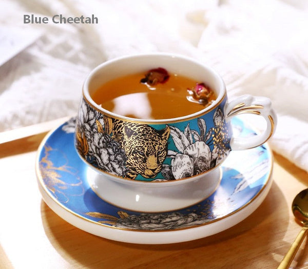 Handmade Ceramic Cups with Gold Trim and Gift Box, Jungle Tiger Cheetah Porcelain Coffee Cups, Creative Ceramic Tea Cup and Saucer-Paintingforhome