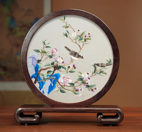 Premium Souvenir, Silk Embroidered Ornament, Exclusive Business Presents, Creative Birthday Gift, Traditional Chinese Suzhou Flower and Birds Embroidery Ornaments-Paintingforhome