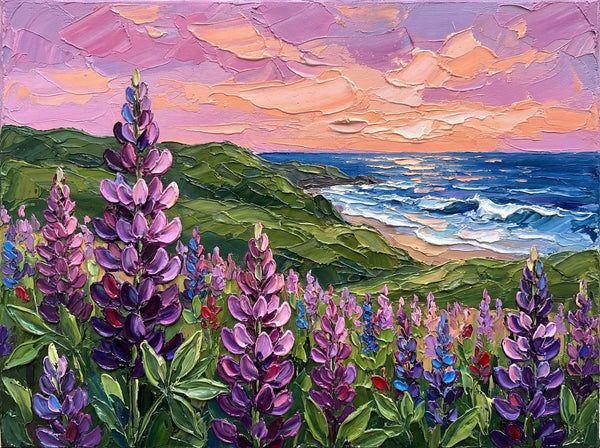 Simple Painting Ideas, Lupines in Bloom by the Sea, Landscape Canvas Paintings, Impasto Wall Art Paintings, Original Oil Paintings, Small Wall Art on Canvas-Paintingforhome