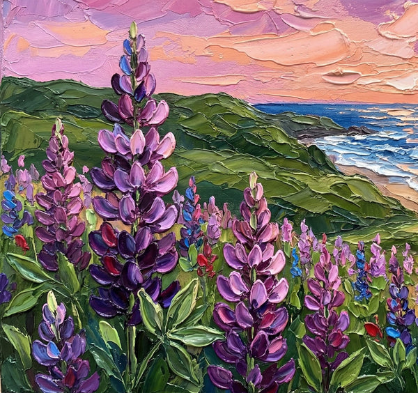 Simple Painting Ideas, Lupines in Bloom by the Sea, Landscape Canvas Paintings, Impasto Wall Art Paintings, Original Oil Paintings, Small Wall Art on Canvas-Paintingforhome