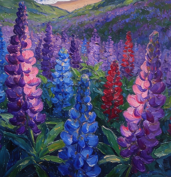 Lupines in Bloom by the Sea, Impasto Paintings, Original Small Paintings, Small Oil Paintings, Small Wall Paintings, Landscape Artwork Canvas Paintings-Paintingforhome
