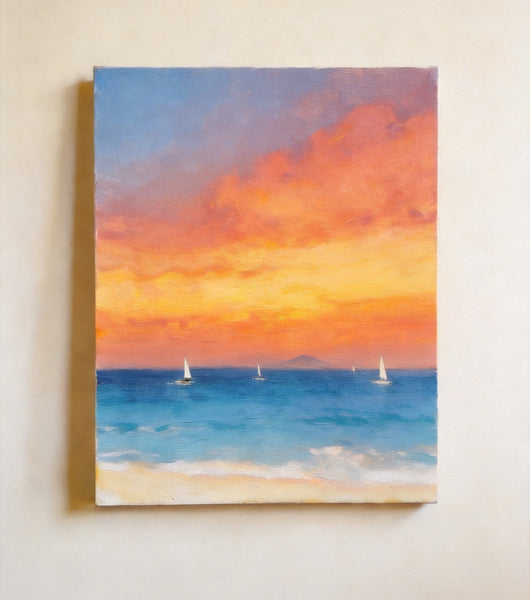 Hand Painted Canvas Artwork, Original Oil Paintings, Sunset Sail on the Horizon, Original Seascape Paintings, Buy Small Paintings Online-Paintingforhome