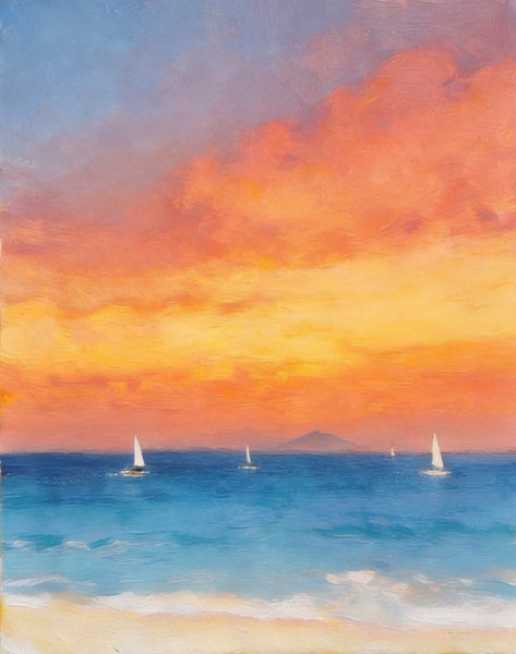 Hand Painted Canvas Artwork, Original Oil Paintings, Sunset Sail on the Horizon, Original Seascape Paintings, Buy Small Paintings Online-Paintingforhome
