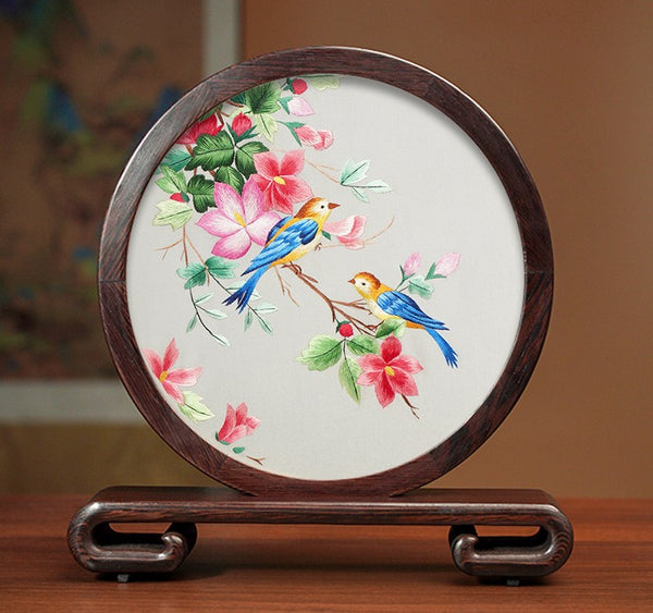 Silk Embroidered Ornament, Traditional Chinese Suzhou Flower and Birds Embroidery Ornaments, Exclusive Business Presents, Creative Birthday Gift, Premium Souvenir-Paintingforhome
