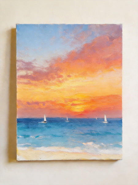 Original Oil Paintings, Sunset Sail on the Horizon, Original Seascape Paintings, Hand Painted Canvas Artwork, Buy Small Paintings Online-Paintingforhome