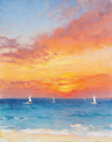 Original Oil Paintings, Sunset Sail on the Horizon, Original Seascape Paintings, Hand Painted Canvas Artwork, Buy Small Paintings Online-Paintingforhome