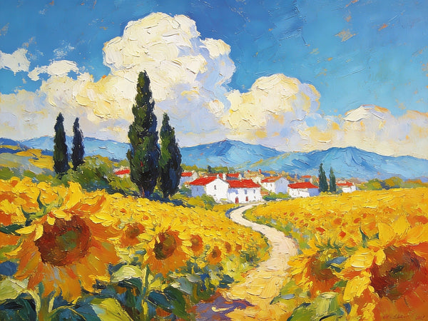 Small Wall Paintings, A Provençal Village Amidst Sunflower Fields, Small Oil Paintings on Canvas, Hand Painted Canvas Art, Heavy Texture Oil Paintings, Original Artwork Small Paintings-Paintingforhome