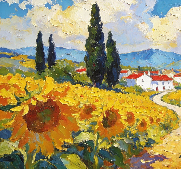 Small Wall Paintings, A Provençal Village Amidst Sunflower Fields, Small Oil Paintings on Canvas, Hand Painted Canvas Art, Heavy Texture Oil Paintings, Original Artwork Small Paintings-Paintingforhome