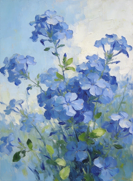 Small Canvas Wall Art Paintings, Blue Plumbago in Full Flower, Original Flower Paintings, Original Oil Paintings, Hand Painted Canvas Art-Paintingforhome