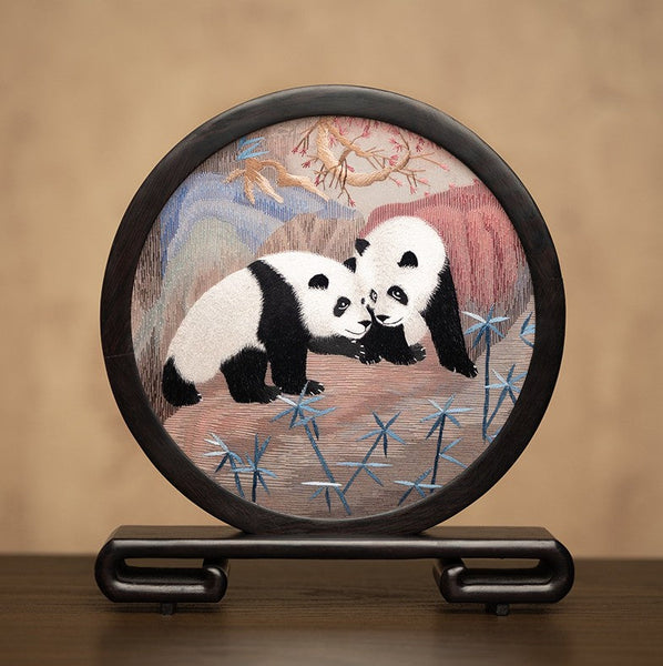 Unique Birthday Gift, Exclusive Business Present Panda Embroidered Decor, Traditional Chinese Suzhou Embroidery Ornament, Premium Souvenir-Paintingforhome
