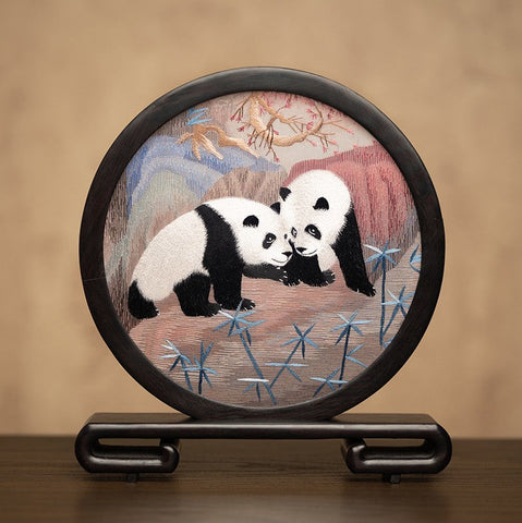 Unique Birthday Gift, Exclusive Business Present Panda Embroidered Decor, Traditional Chinese Suzhou Embroidery Ornament, Premium Souvenir-Paintingforhome