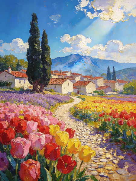 On Canvas Small Paintings, The Countryside Adorned with Blooming Tulips, Hand Painted Canvas Art, Original Artwork Small Paintings on Wall, Landscape Oil Paintings-Paintingforhome