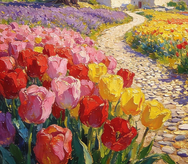 On Canvas Small Paintings, The Countryside Adorned with Blooming Tulips, Hand Painted Canvas Art, Original Artwork Small Paintings on Wall, Landscape Oil Paintings-Paintingforhome