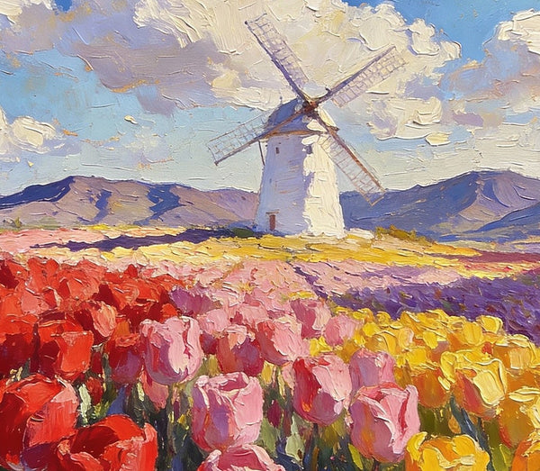 Windmills Amidst the Blooming Tulip Fields, Small Landscape Paintings, Small Oil Paintings on Canvas, Small Canvas Paintings, Original Oil Paintings, Hand Painted Canvas Art, Simple Painting Ideas-Paintingforhome