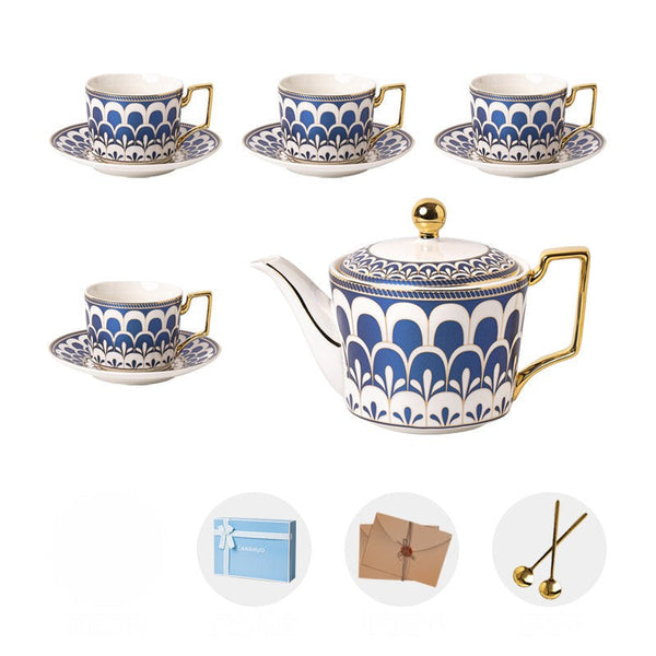 Porcelain Tea Cup and Saucer Set of 4 cups, Blue Tea Cup and Saucer Set with Teapot in Gift Box, 7.4 oz Modern Ceramic Coffee Cups for Office-Paintingforhome