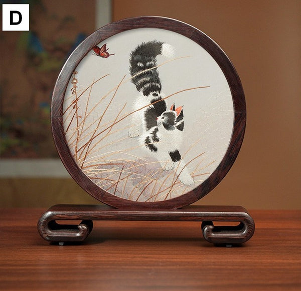 Exclusive Business Present, Lovely Kitty Cat Embroidered Decor, Premium Souvenir, Unique Birthday Gift, Traditional Chinese Suzhou Kitten Embroidery Ornament-Paintingforhome