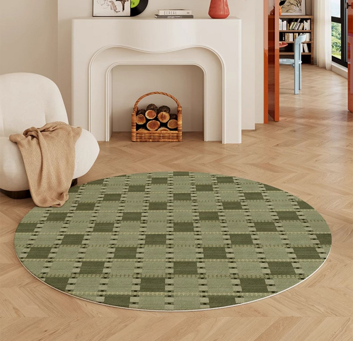 Contemporary Modern Rug for Living Room, Green Modern Area Rugs for Bedroom, Geometric Round Rugs for Dining Room, Circular Modern Rugs under Chairs-Paintingforhome