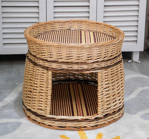 Large Double-Layer Cat Bed, Wicker Cat House Basket with Washable Cushion for Indoor Cats and Dogs-Paintingforhome