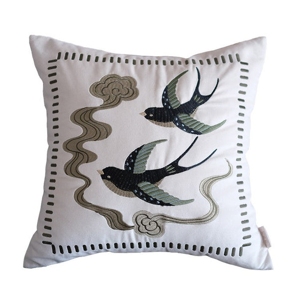 Embroidered Swallow Birds Cushion, Vintage Decorative Pillows, Luxury Decorative Pillows for Couch, Modern Throw Pillows for Couch, Decorative Pillow Arrangement Ideas for Bed-Paintingforhome