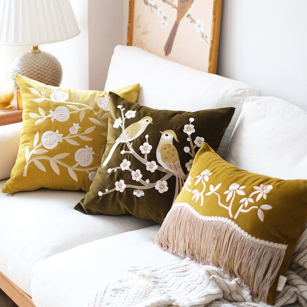 Vintage Decorative Pillows, Embroidered birds cushion, Decorative Pillows for Couch, Modern Throw Pillows for Bedroom, Decorative Pillow Arrangement Ideas for Couch-Paintingforhome