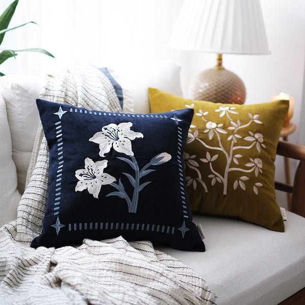 Dark Blue Lily Embroidered Cushion, Living Room Decorative Pillows, Decorative Pillow Arrangement Ideas for Couch, Large Decorative Pillows for Couch, Modern Throw Pillows for Bedroom-Paintingforhome