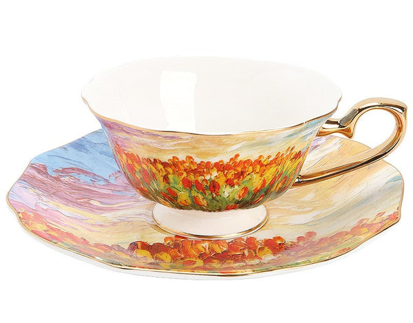 Elegant Ceramic Coffee Cups, Flower Field Vintage Porcelain Tea Cup Saucer Set, Unique British Tea Cup and Saucer in Gift Box, Royal Ceramic Cups-Paintingforhome