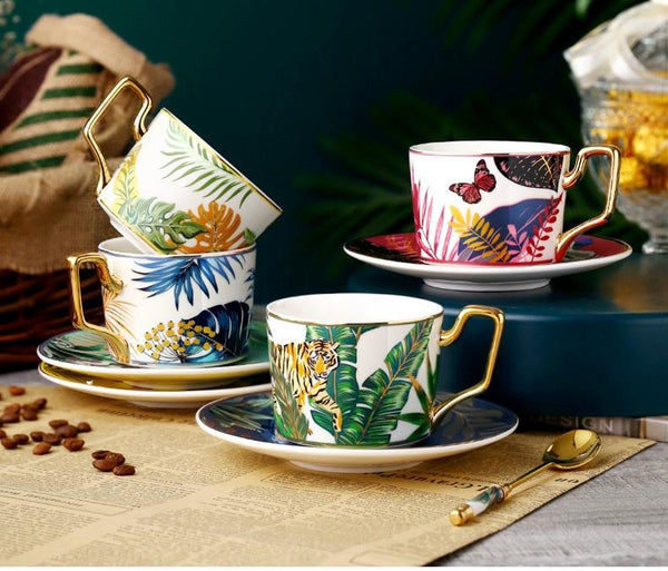 Elegant Porcelain Coffee Cups, Coffee Cups with Gold Trim and Gift Box, 7.4 oz Tea Cup and Saucer, Jungle Animal Porcelain Coffee Cups-Paintingforhome