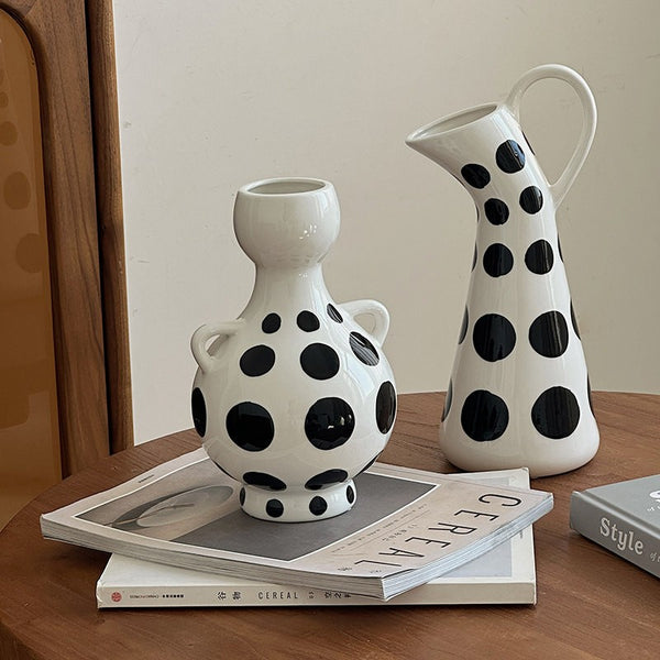 Ceramic Bud Vases, Small Flower Vases on Table, Black and White Polka Dot Flower Vase, Modern Porcelain Flower Vases, Handmade Water Holding Flower Vases-Paintingforhome