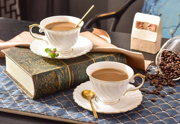 White Porcelain Tea Cup Saucer Set, 8 oz British Tea Cup and Saucer in Gift Box, Unique British Ceramic Coffee Cups for Traditional Afternoon Tea-Paintingforhome