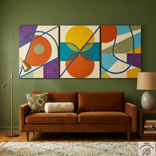 Abstract Paintings for Mid Century Modern Living Room, Multi Panel Canvas Art, Geometric Pattern Contemporary Artwork