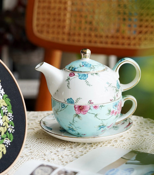 Porcelain Teapot with Matching Cup and Saucer in Gift Box, Stackable Teapot and Cup Set, Ceramic Tea Pot with Integrated Cup, Mother and Baby Teapot with Matching Saucer-Paintingforhome