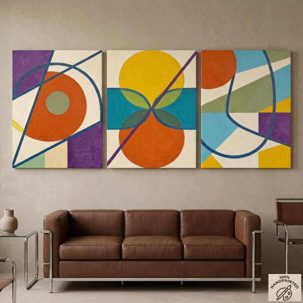 Abstract Paintings for Mid Century Modern Living Room, Multi Panel Canvas Art, Geometric Pattern Contemporary Artwork