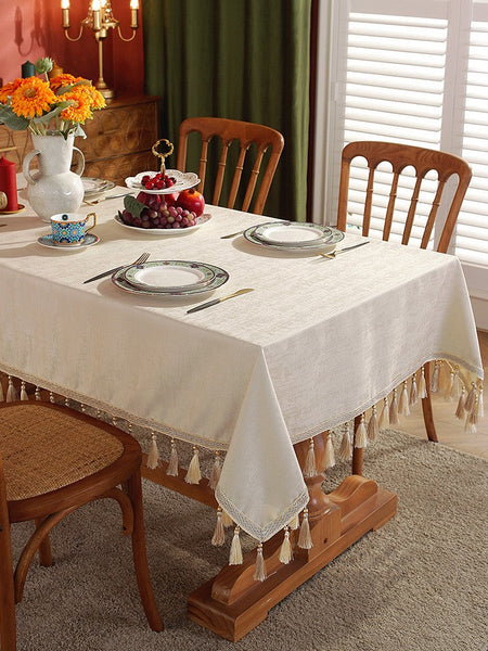 Modern Rectangle Tablecloth for Kitchen, Beige Fringes Tablecloth for Home Decoration, Square Tablecloth for Round Table, Large Simple Table Cloth for Dining Room Table-Paintingforhome